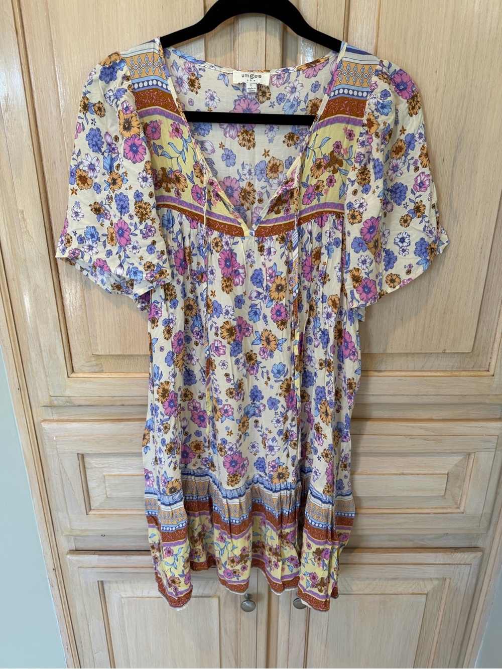 Umgee Boho Floral Border Print Babydoll Dress Large